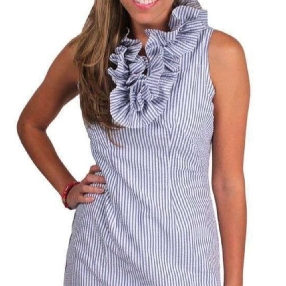 Just Madras Blue Seersucker Sleeveless Ruffle Carolyn Dress Sz 4 Preppy Nautical
